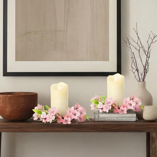 Daifunli 2 Pcs Spring Cherry Blossom Candle Ring Artificial Cherry Blossom Wreaths for Pillar 3.9 Inch Candles Holder for Spring Country Wedding Kitchen Rustic Table Centerpiece Decor - Image 4