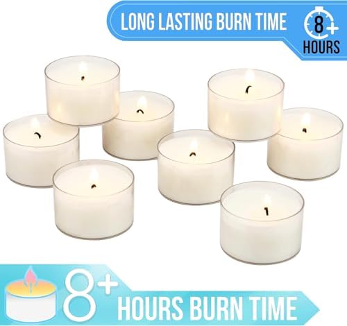 Stonebriar Tea Light Candles — 8 Hour Burn Time, Unscented Long-Lasting Clear Cup Candles for Home Décor & Special Occasions, Pack of 24, White - Image 4