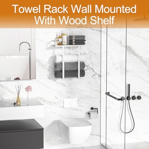 Towel Racks for Bathroom Wall Mounted, Xstydes Metal Towel Holder with Wooden Shelf for Folding Large Towels, Towel Storage for Small Bathroom Organizer Decor or RV Camping,White - Image 4