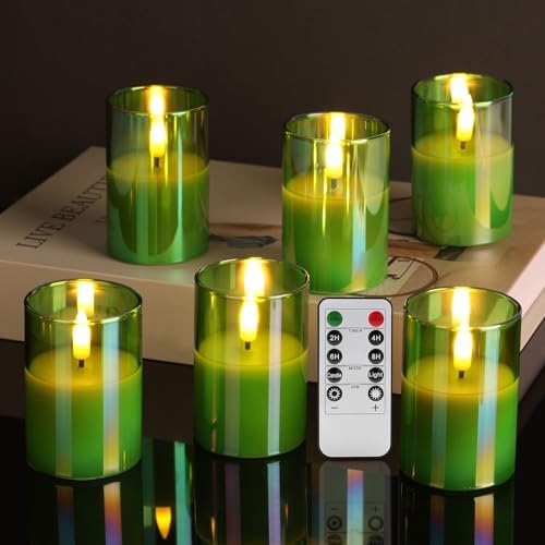 Green Christmas Flameless Votive Candles with Remote Batteries, Glass Flickering LED Battery Candles Set of 6 Φ 2" H 3" by Girimax