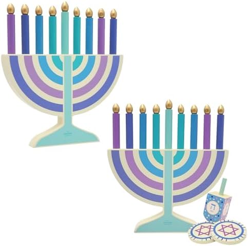 Mini Pastel Hanukkah Menorah, 4-Pack 5" Inch Children Wooden Chanukah Menorah Set with Removable Wooden Candles, 3" Inch Dreidel, and Gelt Coins by TheDreidelCompany