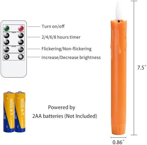 Flameless Flickering Taper Candles Two Remote,7.5 Inch Orange Battery Operated LED Window Candles Timer,Set of 8 Plastic 3D-Wick Dripping-Wax Effect Flameless Candlesticks(0.86”Dia,Warm Fire) - Image 4