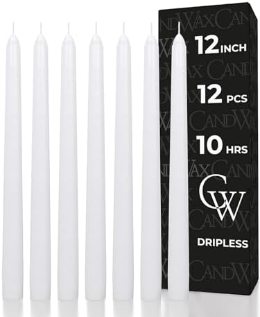 CANDWAX 12 inch White Taper Candles - Set of 12 Candle Sticks Ideal for Christmas Decorations - Dripless Smokeless Long Burning Unscented White Candlesticks - Tapered Christmas Candles for Home Decor by CANDWAX