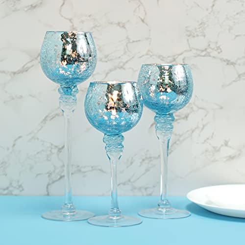 Hosley Elevate Ambiance with Set of 3 Crackle Blue Glass Tealight Holders 12 Inch, 10 Inch, 9 Inch Stylish Home Decor for Unique Candle Displays - Image 2