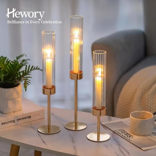 Hewory Gold Taper Candle Holders: Candlestick Holders Set of 3 Hurricane Glass Tall Candle Holder for Candlesticks Candle Sticks Holder Decor for Table Centerpiece Wedding Party Christmas Decorations - Image 3