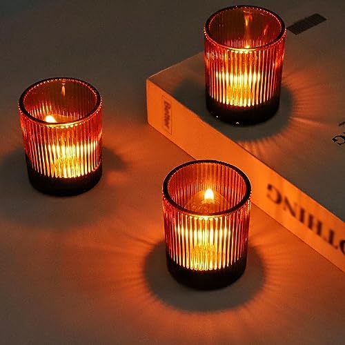 VOHO 12pcs Amber Candle Holders for Votive Tea Lights Candles, Ribbed Glass by VOHO