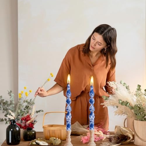NJAO HOO Floral Taper Candles 10 in Spiral Candlesticks Hand Printed Blue and White Candlestick Twisted Taper Candle for Home Garden Decor, 2Pcs - Image 4