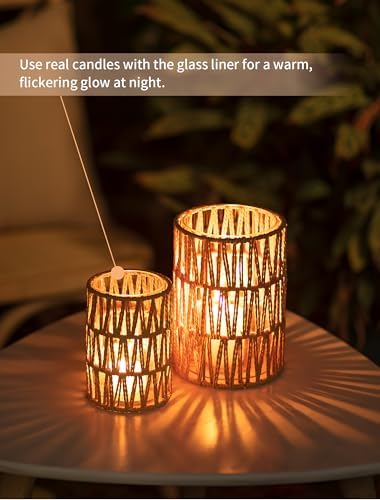 NUPTIO Boho Lanterns, Set of 2 Rattan Pillar Candle Holders with Glass - Image 4