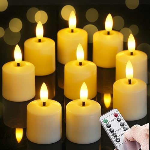Small Flickering Tea Light Flameless Candles with Battery and Remote,1.5" x2.5" Ivory LED 2/4/6/8H Timer Votive Battery Operated Pillar Plastic Long Lasting 9pcs Tealight Candles by Mavandes