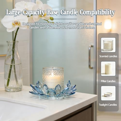 Large Crystal Lotus Tealight Candle Holder for Up to 6" Diameter Pillar Candlestick, Chunky Glass Votive Stand for Wedding, Party, Table Centerpiece Decor and Yoga Meditation (1, Blue) - Image 5