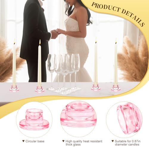 12 PCS Glass Taper Candle Holders Bulk Pink Candlestick Holders Clear Short Tapered Candle Stick Holder Decor Set for Table Centerpiece Wedding Party Advent Christmas Home Decorations - Image 3