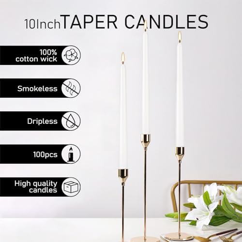 100-Pack White Taper Candles - 10 Inch 8-Hour Burn Time Dinner Candles, Smokeless Dripless Unscented for Wedding, Party, Home Decor | Bulk Household Candles for Candlesticks & Centerpieces - Image 5