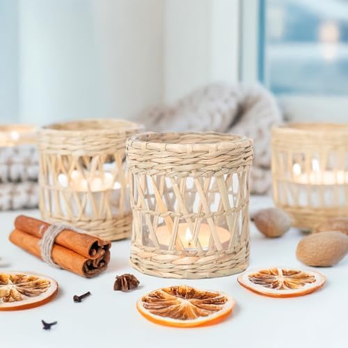 Rustic Cattail Woven Tea Light Holder, Seagrass Glass Candle Holder, Table Candle Holder Decor, Vintage Candlestick Holders, Wicker Tea Light Holder, Farmhouse/Home Decor (Original Color - 2 Pack) - Image 5