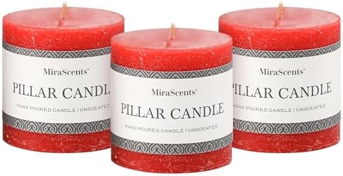 3x3 Inch Bright Red Pillar Candles Set of 3 - Hand-Poured Unscented Candles, Long Clean Burning, Large Big Candle, Smokeless Dripless Candle for Dinner Table, Wedding, Home, Rustic Decor by MiraScents