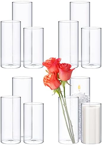 Didaey 12 Pcs Cylinder Vases Set for Centerpieces 3.4''Diameter 4/5/6/7/8/10 Inch Tall Clear Glass Vase Hurricane Floating Candle Holder for Table Decoration (6'',8'',10'' Tall) by Didaey