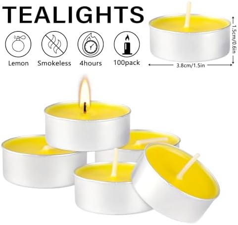 100 Pack Scented Tealight Candles - 4 Hours Burning Lemon Aromatherapy | Valentine's Day Romantic Dinner & New Year Home Decor, Yellow Votive Candles for Wedding, Holiday Gift & Emergency (Yellow) - Image 4
