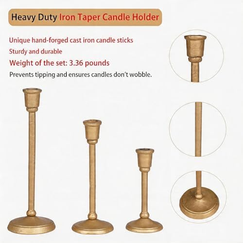 Gold Taper Candle Holders Set of 3, Antique Brass Finish - Image 2