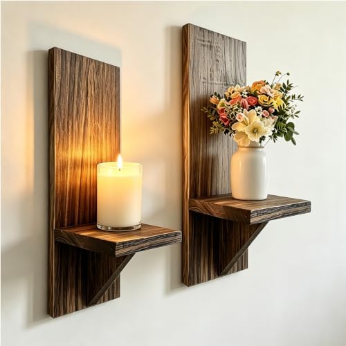 2 Pcs Distressed Brown Farmhouse Wall Candle Sconces, Rustic Vintage Wooden Wall Mount Candle Holders, Rustic Wall Decor Shelves for Living Room Bedroom Bathroom by EMINGSKY