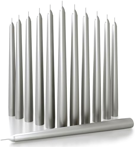 CANDWAX 10 inch Silver Taper Candles Set of 12 - Ideal for Christmas Eve Party - Dripless, Long Burning and Fragrance-Free - Silver by CANDWAX