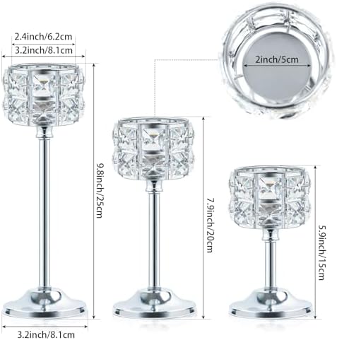 Crystal Metal Candle Holder, Square Crystal Beads Bling Tea Light Candlestick, Tall Votive Candelabra Elegant Centerpiece for Table Wedding Decoration, Home Decor (Silver, Set of 3) - Image 3