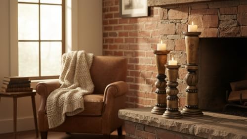 Round Wooden Decorative Candle Holder Rustic Wooden Pillar Candle Holders Set of 3, 18'' 15'' 12'' Farmhouse Wood Candle Stand Vintage Candleholders Decor for Living Room, Black - Image 6