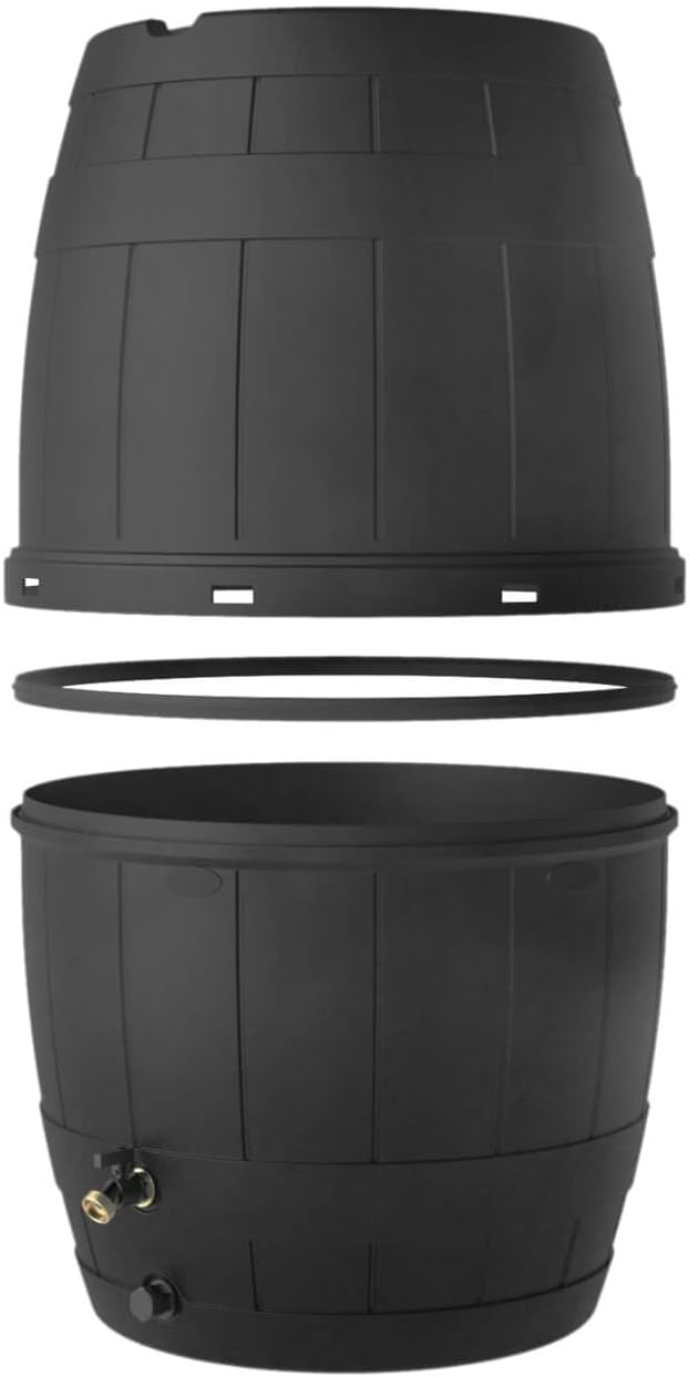 Garden Central 39-Gallon Knock Down Rain Barrel with Brass Spigot, Black – Plastic Outdoor Water Collection Container with Planter Top – Irrigation Supply for Gardening, Lawn & Landscaping