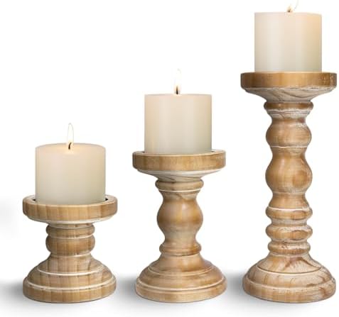Candle Holder for Pillar Candle Set of 3, Farmhouse Wood Candle Holder, Rustic Wooden Candle Stand, Vintage Tall Candle Stand Decorative for Living Room, Table Centerpiece,Brown by CEDARLUX