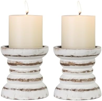 Candle Holder for Pillar Candle Set of 2, Farmhouse Wood Candle Holder, Rustic Wooden Candle Stand, Vintage Small Wooden Candlestick Holders for Living Room, Table Centerpiece, Rustic White by CEDARLUX