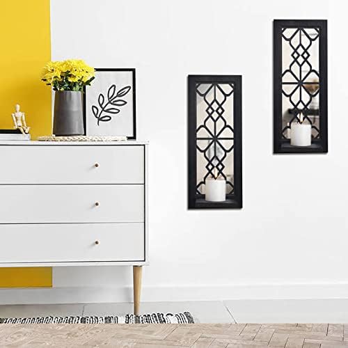 ZEXUIRU 2 Set Rustic Candle Sconces Living Room Bedroom Entryway Wood Mirrored, Farmhouse, Carved Frame Wall-Mount Wooden Candle Holders Wall Decor Hanging Handmade Holder - Black - Image 4