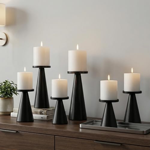 Set of 3 Black Iron Pillar Candle Holders 4 & 4.7 & 6.4 Inch Tall by saiguomi