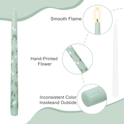 Printed Taper Candle Dripless Candles Sticks - 4 pcs Handmade Green Taper Candle 10 inches Long Tapered Candles for Home Party Wedding Restaurant Holiday Decor - Image 3