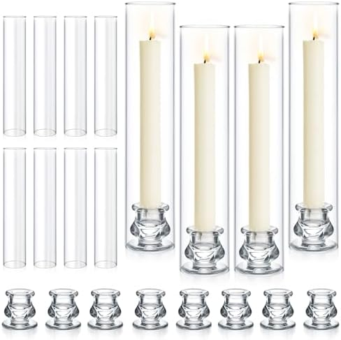 12 Set Hurricane Glass Candlestick Holders 12.6" Two Side Open Glass Candle Holders and 2.2" Taper Candlesticks Holder Bulk for Table Centerpiece Wedding Christmas Home Decor by Homjoy