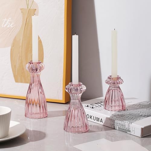 Lysenn Glass Candlestick Holders, Taper Candle Holders Set of 3, Pink by Lysenn