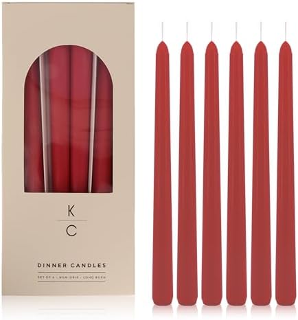Tapered Dinner Candles, Pack of 6 – Soy & Paraffin Wax Blend, 10-Inch Dripless Taper Candles with 7-Hr. Clean Burn – Smokeless Unscented Tapers for Weddings, Dinner Tables & Home Decor – Red by K%7CCKandleCo
