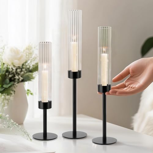 Black Hurricane Candle Holders, Set of 6 Glass Taper Candlestick Holders Metal Candle Stands Bulk with Ribbed Glass Cover for Dining Tables Wedding Candelabra Centerpieces Decor - Image 5