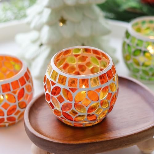 SHMILMH Mosaic Candle Holders Set of 4, Handmade Glass Tealight Votive Holders, Fall Thanksgiving Diwali Decor, Autumn Wedding Party Table Centerpiece, Brown Orange Green - Image 2