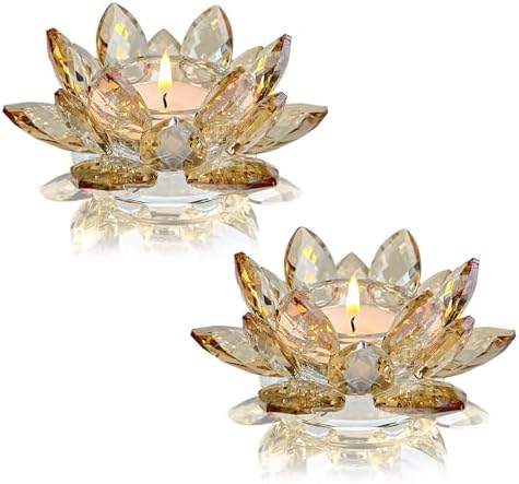 Crystal Lotus Flower Tealight Candle Holders/Glass Tea Light Candlestick Decor Decoration for Christmas Home Wedding Party(1, Gold 2pcs) by KOLNLALA