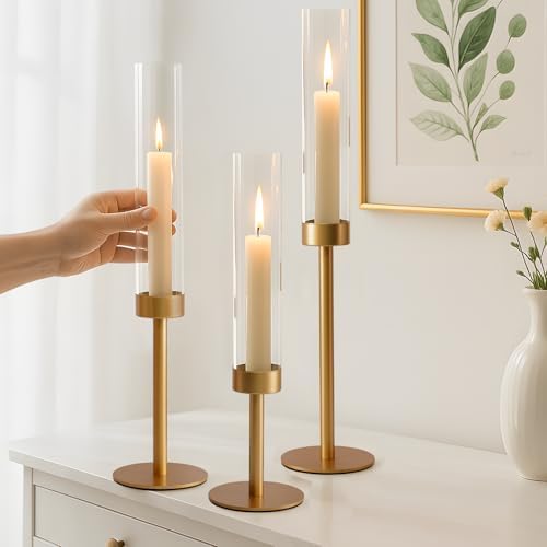 6Pcs Hurricane Glass Candle Holders Gold Candlestick Holders Taper Candle Holder with 9.8" Windproof Clear Cylinder Covers for Outdoor Indoor Tall Candle Stick Holder Decor for Wedding Party Fireplace - Image 4