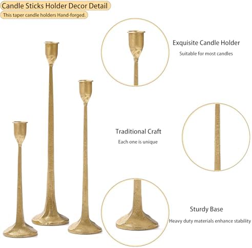 Gold Taper Candle Holders Set of 3, Heavy Candlestick Holders Decorative Candle Stand for Table Centerpiece, Cast Iron Candle Stick Holder Decor - Image 4