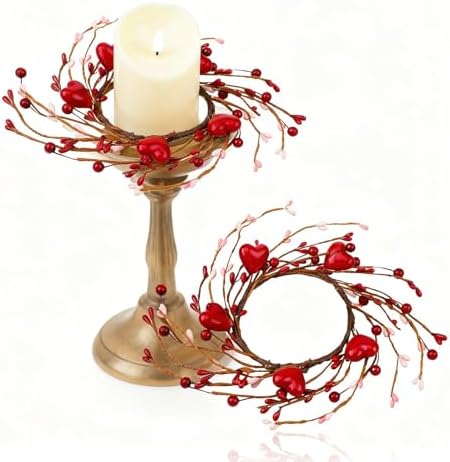 Daifunli 2 Pcs Valentine Day Candle Rings Heart and Red Berry Vintage Wood Wreath for Pillar 3.9 Inch Candles Holder for Valentines Day Table Centerpiece Wedding Kitchen Cabinets Rustic Table Decor by Huiinen