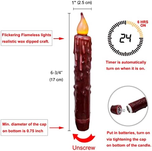 CVHOMEDECO. Real Wax Hand Dipped Battery Operated LED Timer Taper Candles Country Primitive Flameless Lights Décor, 6-3/4 Inch, Burgundy, 2 PCS in a Package - Image 6