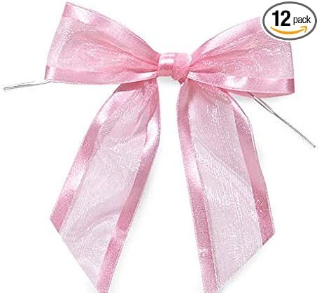 Light Pink Pre-Tied Organza Bows With Twist Ties. Pack of 12 Satin-Edged Fabric Bows Made of 1-1/2" Ribbon. Bow Measures 4" Wide (12, Light Pink)
