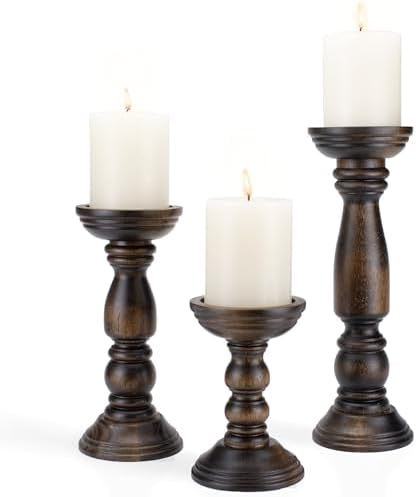 BANOMII Farmhouse Wooden Candle Holders for Pillar Candles Set of 3, Rustic Wood Candle Holder Table Centerpiece Decor, 12'' 9'' 6'' Vintage Tall Candle Stand Decorative, Dark Brown by BanomiiHome