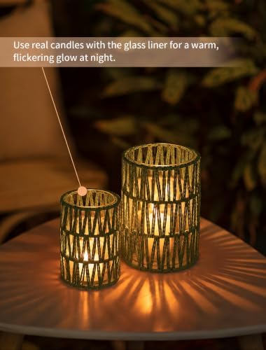 NUPTIO Rattan Hurricane Candle Holders: Set of 2 Boho Lanterns for Pillars - Image 4