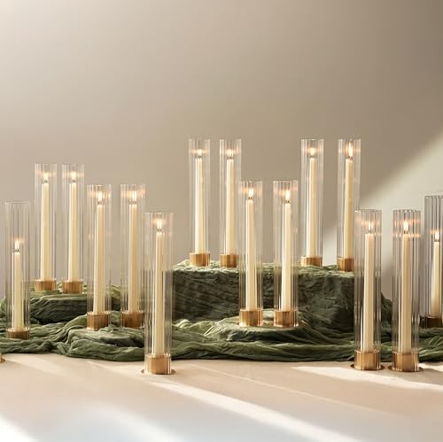 NUPTIO Hurricane Glass Candle Holders, Set of 18 Gold Taper Candle Holders by Nuptio