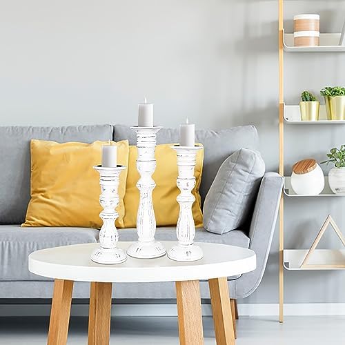 Wooden Candle Holder Set of 3, Tall White Antique Pillar Candle Holders, Rustic Farmhouse Decor, Brown Wooden Candle Stands for Home Decoration - 16, 14, 12 Inch Height - Image 7
