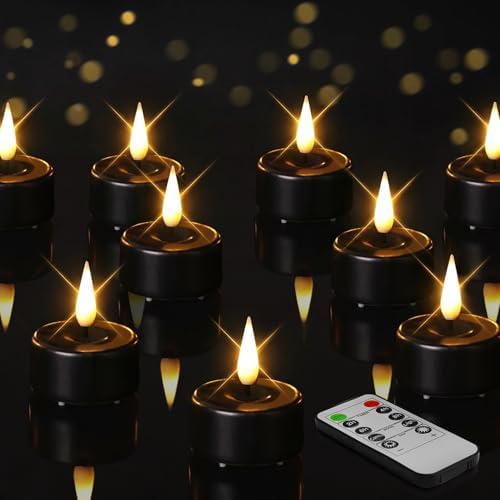 Eywamage Black Flameless Tealights with Remote Batteries, Real Wax Flickering LED Tea Votive Candles Set of 10 by EywamageCandles