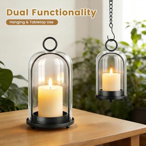 Metal Candle Holder, 5"&4" Wide Hurricane Glass Candle Holders with Handmade Glass Dome, Hanging Candle Lantern for Pillar Candles, Table Coffee Decor, Interior Decoration (Not Included Candles) - Image 5