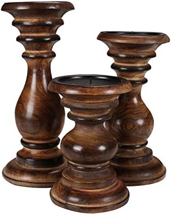Candle Holders Set of 3 (10",8" & 6" Height)_Burnt Finish,Pillar Candle Holder in Mango Real Wood,Decorative Candle Holders for Table Centerpiece, Wedding, Party, Home Décor, Spa, Farmhouse, Gifting - Image 4