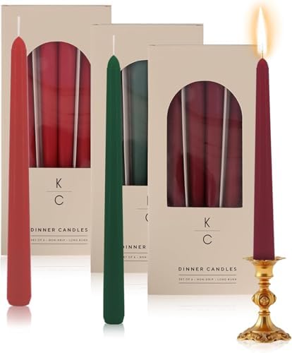 Tapered Dinner Candles - Soy & Paraffin Blend, Dinner Candles with Long-Lasting 7-Hour Burn for Stylish Homes -Candle in Curated Colors Ideal Gift for Hosts, Brides & Event Planners-Red Green Merlot by K%7CCKandleCo